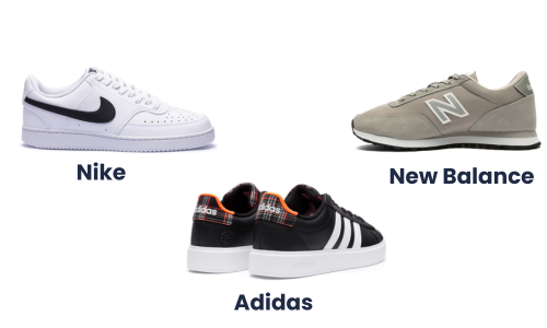 Imagem com 3 opções de tênis para presente (Nike, Adidas e New Balance)